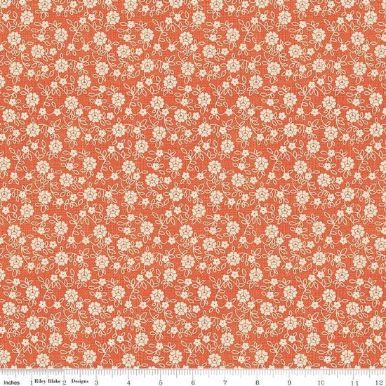 Image of Baked With Love Family Autumn quilting cotton fabric by Lori Holt for Riley Blake Designs. Features flowers on an orange background. Cute Little Fabric Shop.