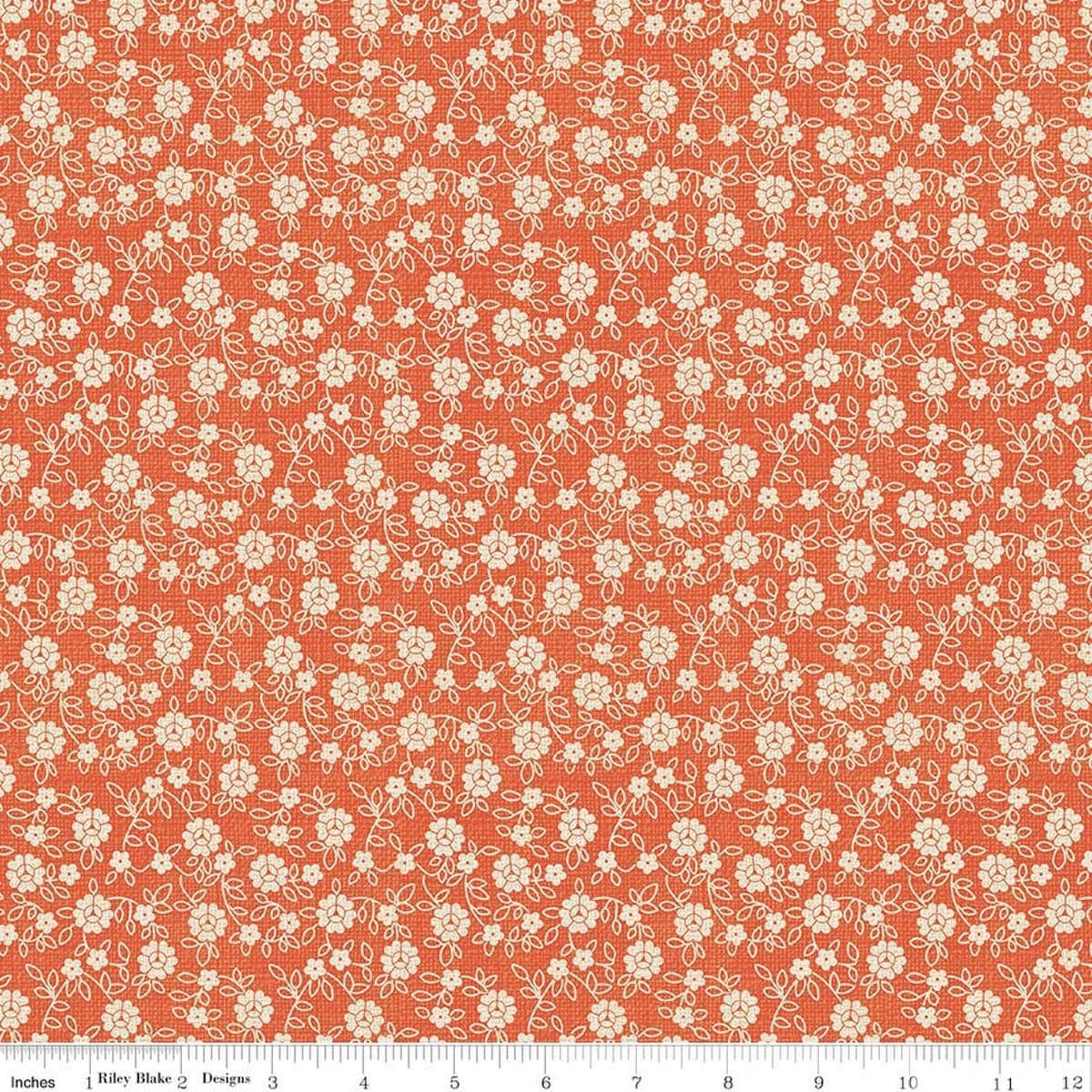 Image of Baked With Love Family Autumn quilting cotton fabric by Lori Holt for Riley Blake Designs. Features flowers on an orange background. Cute Little Fabric Shop.