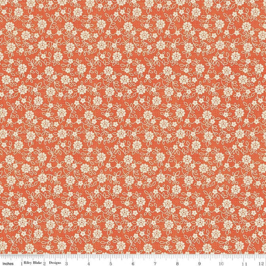 Image of Baked With Love Family Autumn quilting cotton fabric by Lori Holt for Riley Blake Designs. Features flowers on an orange background. Cute Little Fabric Shop.