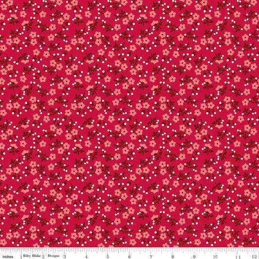 Image of Baked With Love Grateful Schoolhouse quilting cotton fabric by Lori Holt for Riley Blake Designs. Features flowers on a red background. Cute Little Fabric Shop.