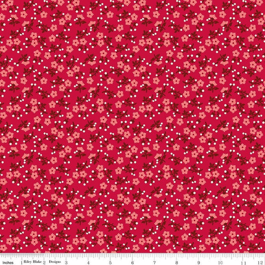 Image of Baked With Love Grateful Schoolhouse quilting cotton fabric by Lori Holt for Riley Blake Designs. Features flowers on a red background. Cute Little Fabric Shop.