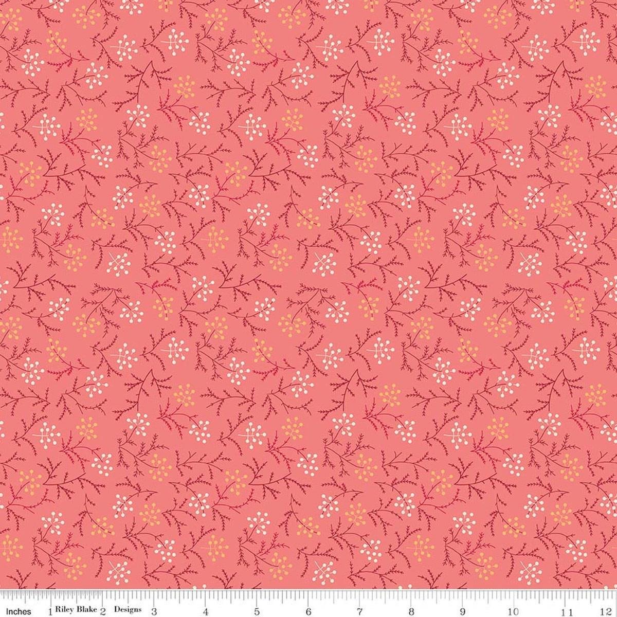 Image of Baked With Love Harvest Lipstick quilting cotton fabric by Lori Holt for Riley Blake Designs. Features flowers on a pink background. Cute Little Fabric Shop.