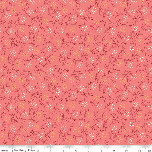 Image of Baked With Love Harvest Lipstick quilting cotton fabric by Lori Holt for Riley Blake Designs. Features flowers on a pink background. Cute Little Fabric Shop.
