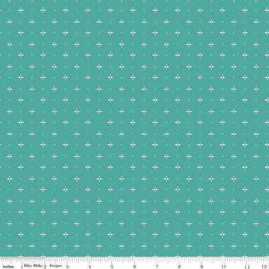 Image of Baked With Love Pie Rainforest quilting cotton fabric by Lori Holt for Riley Blake Designs. Features a geometric pattern on a blue background. Cute Little Fabric Shop.