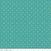 Image of Baked With Love Pie Rainforest quilting cotton fabric by Lori Holt for Riley Blake Designs. Features a geometric pattern on a blue background. Cute Little Fabric Shop.