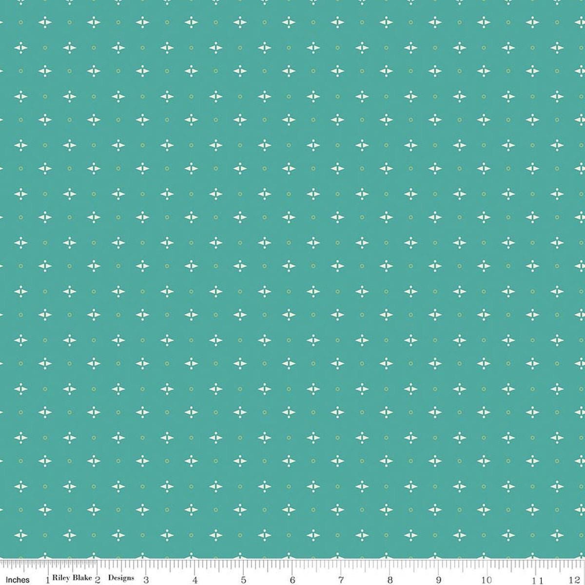 Image of Baked With Love Pie Rainforest quilting cotton fabric by Lori Holt for Riley Blake Designs. Features a geometric pattern on a blue background. Cute Little Fabric Shop.