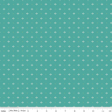 Image of Baked With Love Pie Rainforest quilting cotton fabric by Lori Holt for Riley Blake Designs. Features a geometric pattern on a blue background. Cute Little Fabric Shop.