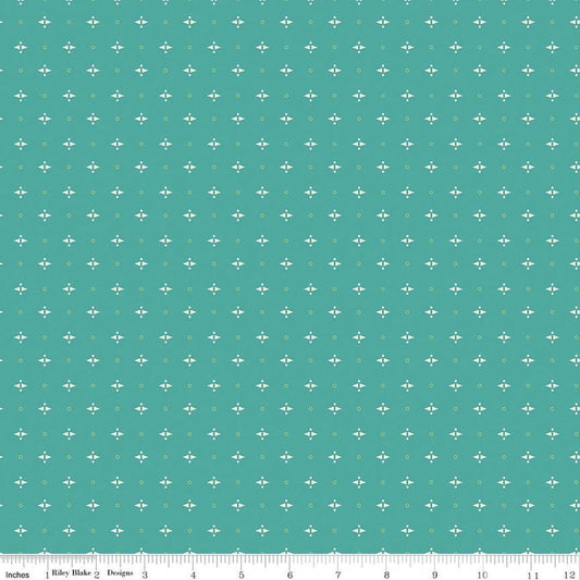 Image of Baked With Love Pie Rainforest quilting cotton fabric by Lori Holt for Riley Blake Designs. Features a geometric pattern on a blue background. Cute Little Fabric Shop.