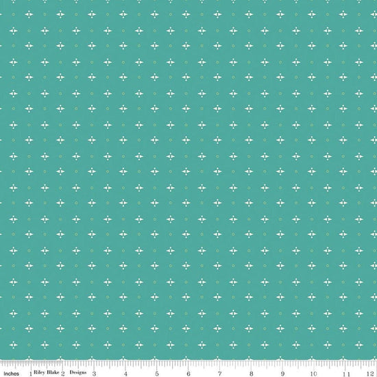 Image of Baked With Love Pie Rainforest quilting cotton fabric by Lori Holt for Riley Blake Designs. Features a geometric pattern on a blue background. Cute Little Fabric Shop.