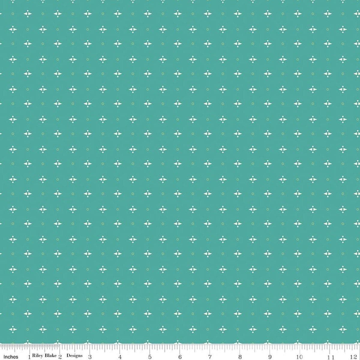 Image of Baked With Love Pie Rainforest quilting cotton fabric by Lori Holt for Riley Blake Designs. Features a geometric pattern on a blue background. Cute Little Fabric Shop.