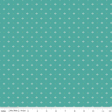 Image of Baked With Love Pie Rainforest quilting cotton fabric by Lori Holt for Riley Blake Designs. Features a geometric pattern on a blue background. Cute Little Fabric Shop.