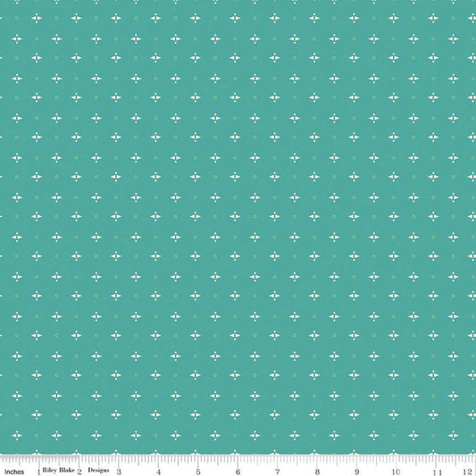 Image of Baked With Love Pie Rainforest quilting cotton fabric by Lori Holt for Riley Blake Designs. Features a geometric pattern on a blue background. Cute Little Fabric Shop.