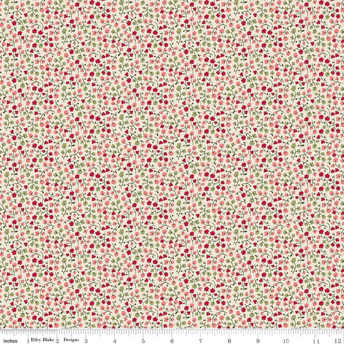 Image of Baked With Love Bounty Schoolhouse quilting cotton fabric by Lori Holt for Riley Blake Designs. Features flowers on a cream background. Cute Little Fabric Shop.