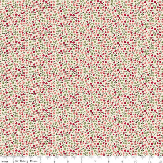 Image of Baked With Love Bounty Schoolhouse quilting cotton fabric by Lori Holt for Riley Blake Designs. Features flowers on a cream background. Cute Little Fabric Shop.