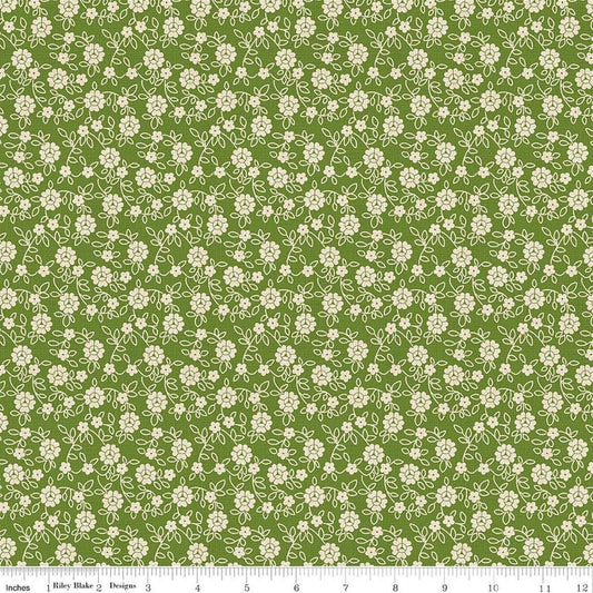 Image of Baked With Love Family Olive quilting cotton fabric by Lori Holt for Riley Blake Designs. Features flowers on a green background. Cute Little Fabric Shop.