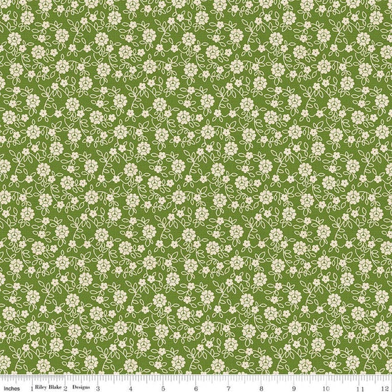 Image of Baked With Love Family Olive quilting cotton fabric by Lori Holt for Riley Blake Designs. Features flowers on a green background. Cute Little Fabric Shop.
