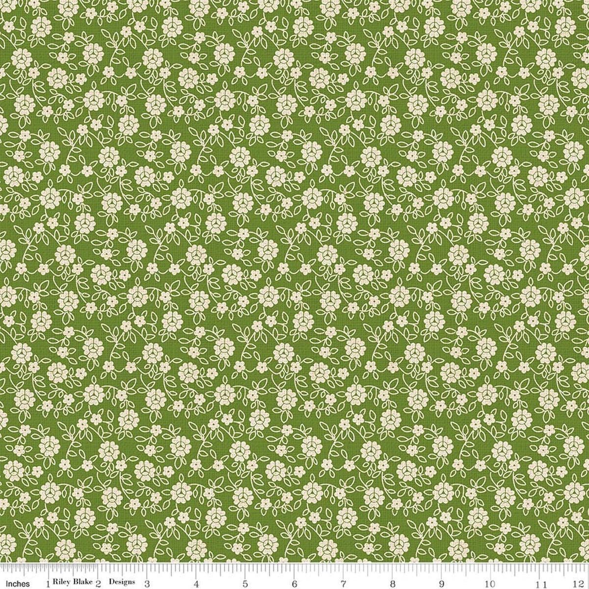 Image of Baked With Love Family Olive quilting cotton fabric by Lori Holt for Riley Blake Designs. Features flowers on a green background. Cute Little Fabric Shop.