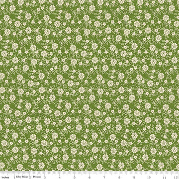 Image of Baked With Love Family Olive quilting cotton fabric by Lori Holt for Riley Blake Designs. Features flowers on a green background. Cute Little Fabric Shop.