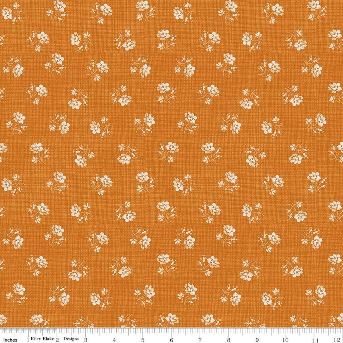 Image of Baked With Love Heirloom Amber quilting cotton fabric by Lori Holt for Riley Blake Designs. Features flowers on an orange background. Cute Little Fabric Shop.