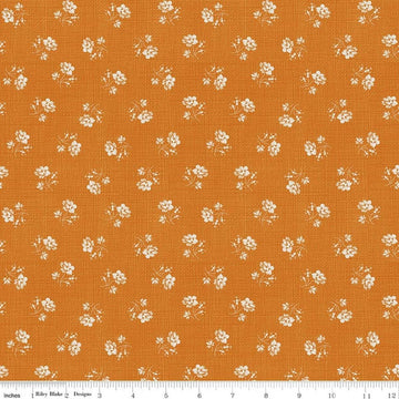 Image of Baked With Love Heirloom Amber quilting cotton fabric by Lori Holt for Riley Blake Designs. Features flowers on an orange background. Cute Little Fabric Shop.