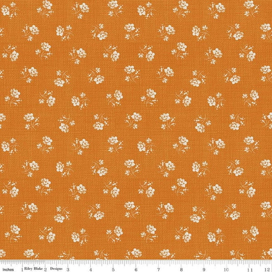 Image of Baked With Love Heirloom Amber quilting cotton fabric by Lori Holt for Riley Blake Designs. Features flowers on an orange background. Cute Little Fabric Shop.