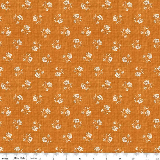 Image of Baked With Love Heirloom Amber quilting cotton fabric by Lori Holt for Riley Blake Designs. Features flowers on an orange background. Cute Little Fabric Shop.