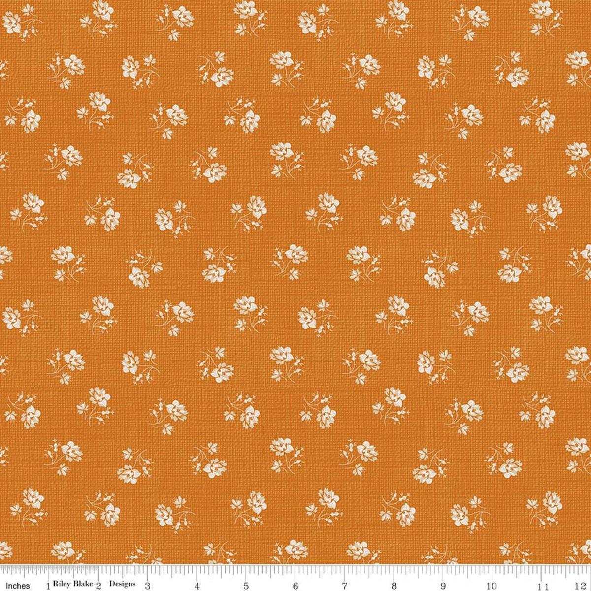 Image of Baked With Love Heirloom Amber quilting cotton fabric by Lori Holt for Riley Blake Designs. Features flowers on an orange background. Cute Little Fabric Shop.