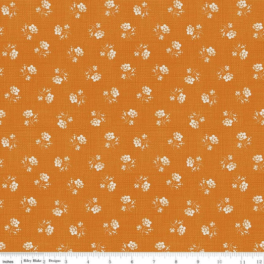 Image of Baked With Love Heirloom Amber quilting cotton fabric by Lori Holt for Riley Blake Designs. Features flowers on an orange background. Cute Little Fabric Shop.