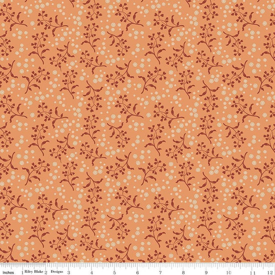 Image of Baked With Love Apron Squash quilting cotton fabric by Lori Holt for Riley Blake Designs. Features flowers on an orange background. Cute Little Fabric Shop.