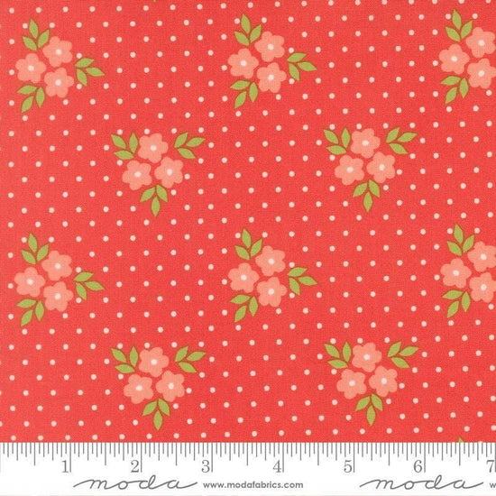 Image of Poinsettia and Pear Bouquet Geranium quilting cotton fabric by Sherri & Chelsi for Moda Fabrics. Features flowers on a pink background. Cute Little Fabric Shop.