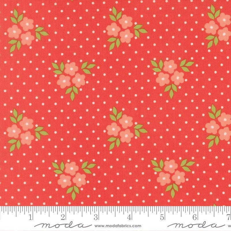 Image of Poinsettia and Pear Bouquet Geranium quilting cotton fabric by Sherri & Chelsi for Moda Fabrics. Features flowers on a pink background. Cute Little Fabric Shop.