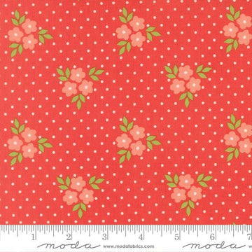 Image of Poinsettia and Pear Bouquet Geranium quilting cotton fabric by Sherri & Chelsi for Moda Fabrics. Features flowers on a pink background. Cute Little Fabric Shop.
