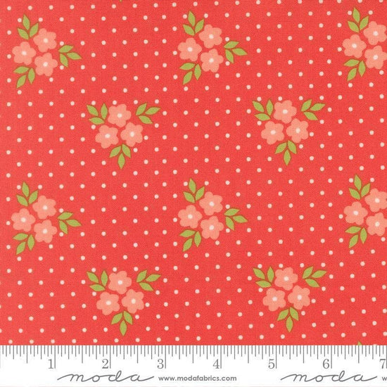 Image of Poinsettia and Pear Bouquet Geranium quilting cotton fabric by Sherri & Chelsi for Moda Fabrics. Features flowers on a pink background. Cute Little Fabric Shop.