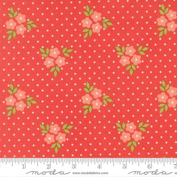Image of Poinsettia and Pear Bouquet Geranium quilting cotton fabric by Sherri & Chelsi for Moda Fabrics. Features flowers on a pink background. Cute Little Fabric Shop.