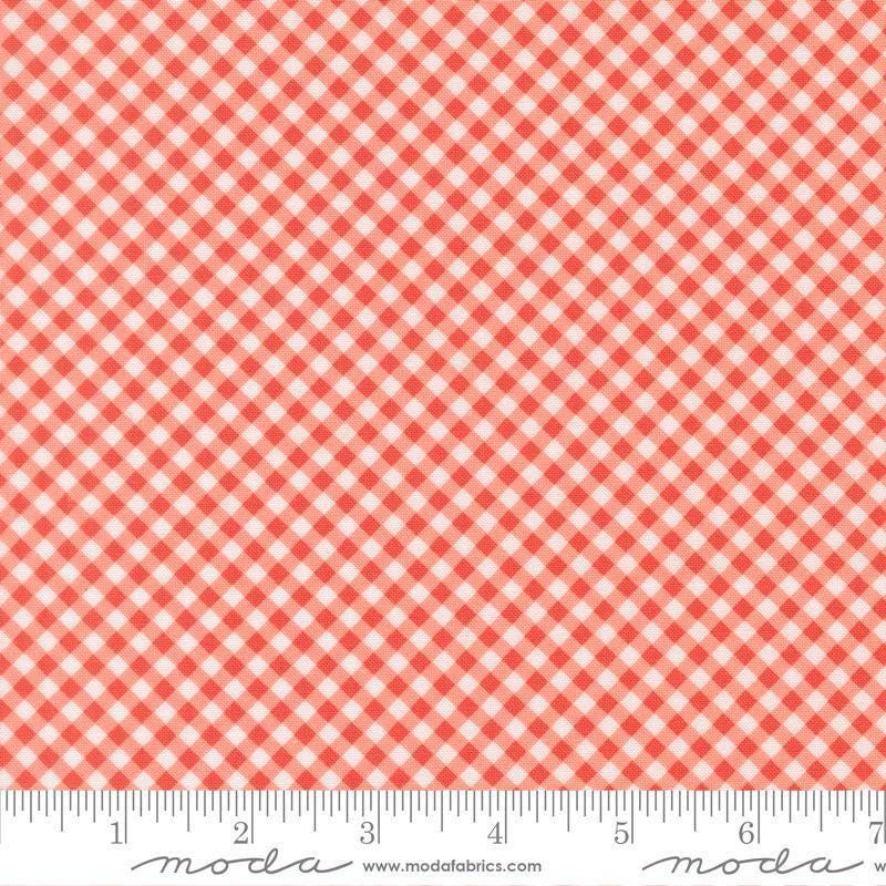 Image of Poinsettia and Pear Gingham Geranium quilting cotton fabric by Sherri & Chelsi for Moda Fabrics. Features gingham on a pink background. Cute Little Fabric Shop.