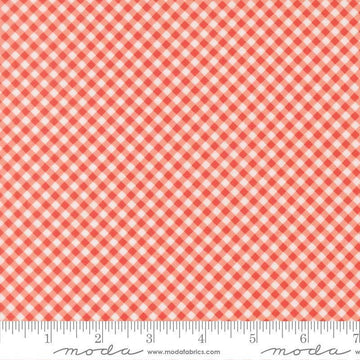 Image of Poinsettia and Pear Gingham Geranium quilting cotton fabric by Sherri & Chelsi for Moda Fabrics. Features gingham on a pink background. Cute Little Fabric Shop.