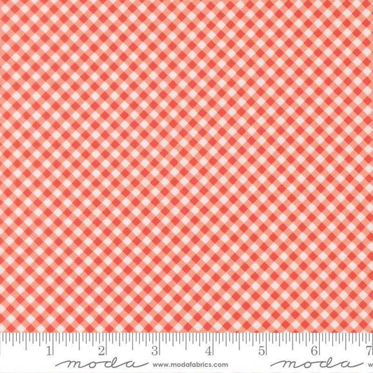 Image of Poinsettia and Pear Gingham Geranium quilting cotton fabric by Sherri & Chelsi for Moda Fabrics. Features gingham on a pink background. Cute Little Fabric Shop.