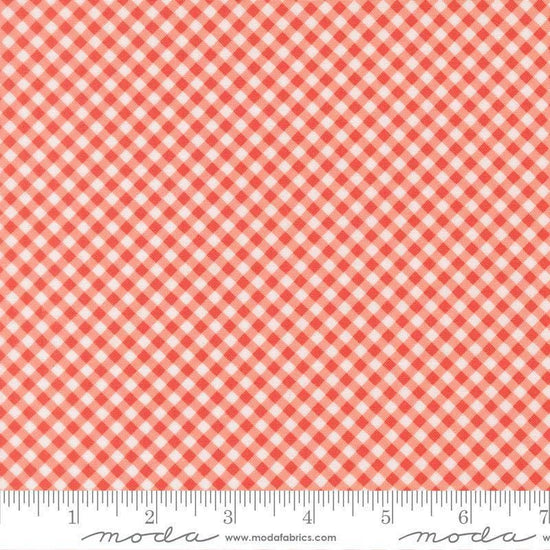 Image of Poinsettia and Pear Gingham Geranium quilting cotton fabric by Sherri & Chelsi for Moda Fabrics. Features gingham on a pink background. Cute Little Fabric Shop.