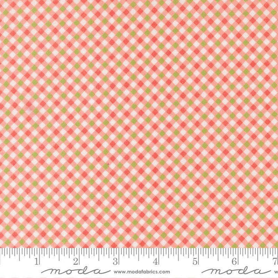 Image of Poinsettia and Pear Gingham Carnation quilting cotton fabric by Sherri & Chelsi for Moda Fabrics. Features gingham on a pink background. Cute Little Fabric Shop.