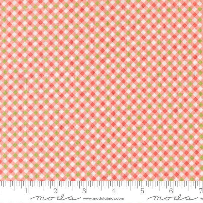 Image of Poinsettia and Pear Gingham Carnation quilting cotton fabric by Sherri & Chelsi for Moda Fabrics. Features gingham on a pink background. Cute Little Fabric Shop.