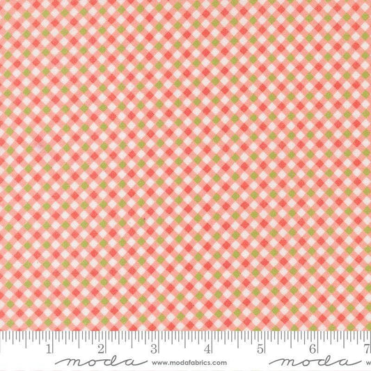 Image of Poinsettia and Pear Gingham Carnation quilting cotton fabric by Sherri & Chelsi for Moda Fabrics. Features gingham on a pink background. Cute Little Fabric Shop.