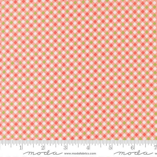 Image of Poinsettia and Pear Gingham Carnation quilting cotton fabric by Sherri & Chelsi for Moda Fabrics. Features gingham on a pink background. Cute Little Fabric Shop.
