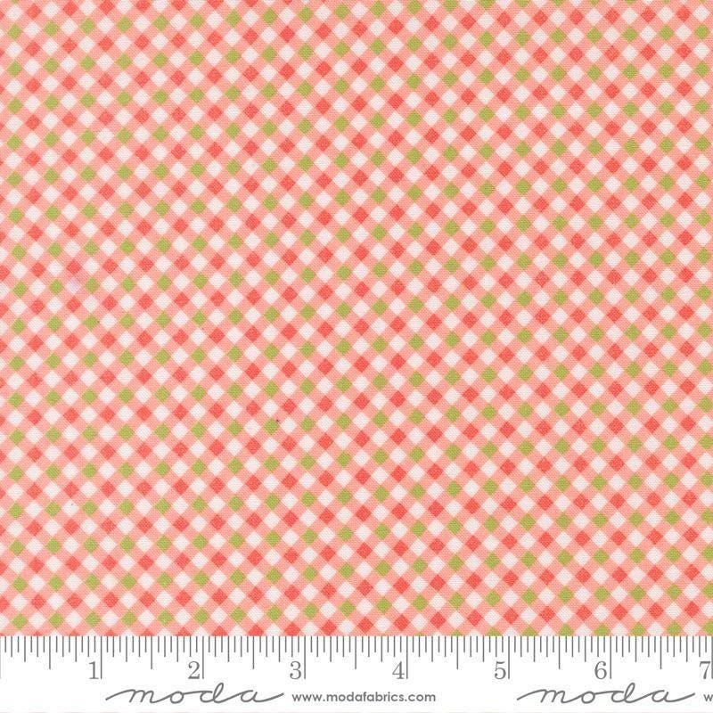 Image of Poinsettia and Pear Gingham Carnation quilting cotton fabric by Sherri & Chelsi for Moda Fabrics. Features gingham on a pink background. Cute Little Fabric Shop.