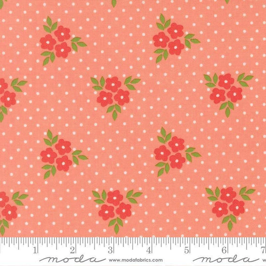 Image of Poinsettia and Pear Bouquet Carnation quilting cotton fabric by Sherri & Chelsi for Moda Fabrics. Features flowers on a pink background. Cute Little Fabric Shop.