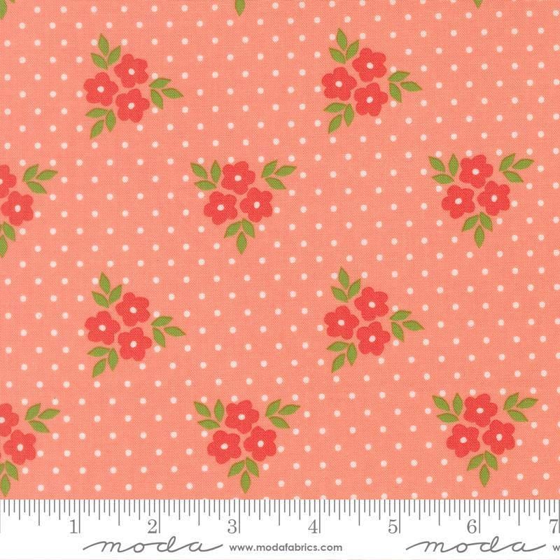 Image of Poinsettia and Pear Bouquet Carnation quilting cotton fabric by Sherri & Chelsi for Moda Fabrics. Features flowers on a pink background. Cute Little Fabric Shop.