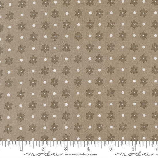 Image of Poinsettia and Pear Daisy Dot Stone quilting cotton fabric by Sherri & Chelsi for Moda Fabrics. Features flowers on a gray background. Cute Little Fabric Shop.