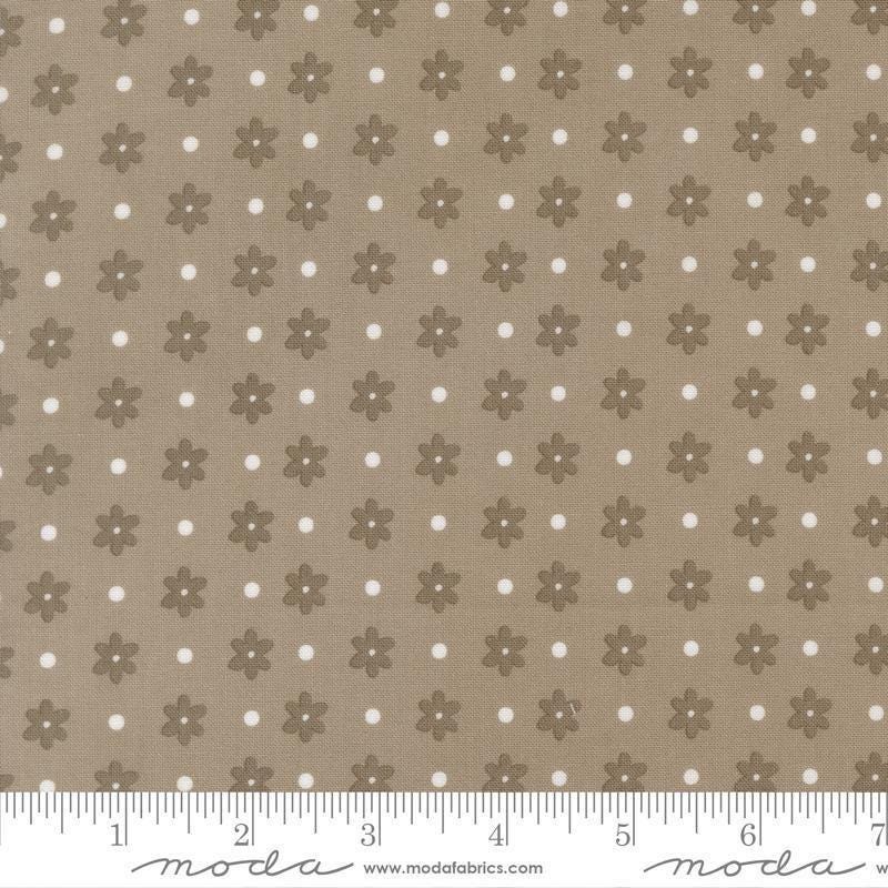 Image of Poinsettia and Pear Daisy Dot Stone quilting cotton fabric by Sherri & Chelsi for Moda Fabrics. Features flowers on a gray background. Cute Little Fabric Shop.