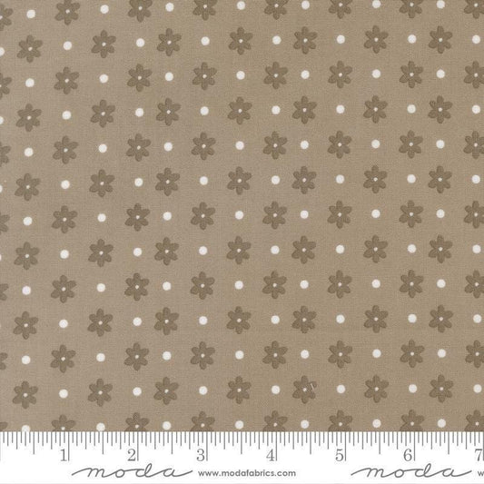Image of Poinsettia and Pear Daisy Dot Stone quilting cotton fabric by Sherri & Chelsi for Moda Fabrics. Features flowers on a gray background. Cute Little Fabric Shop.