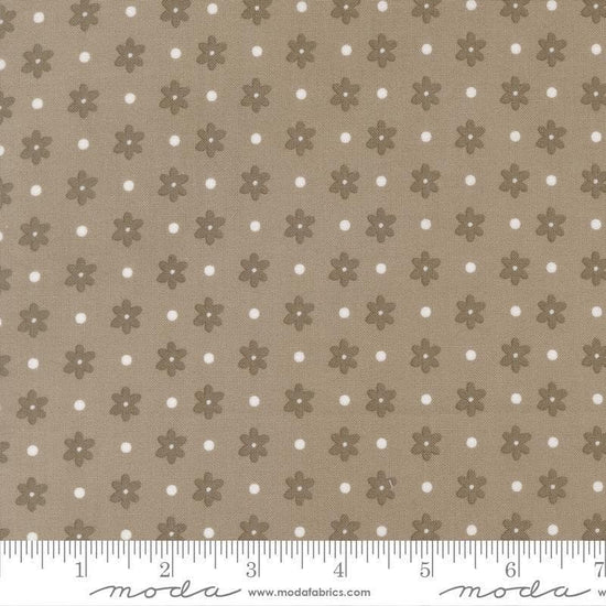 Image of Poinsettia and Pear Daisy Dot Stone quilting cotton fabric by Sherri & Chelsi for Moda Fabrics. Features flowers on a gray background. Cute Little Fabric Shop.