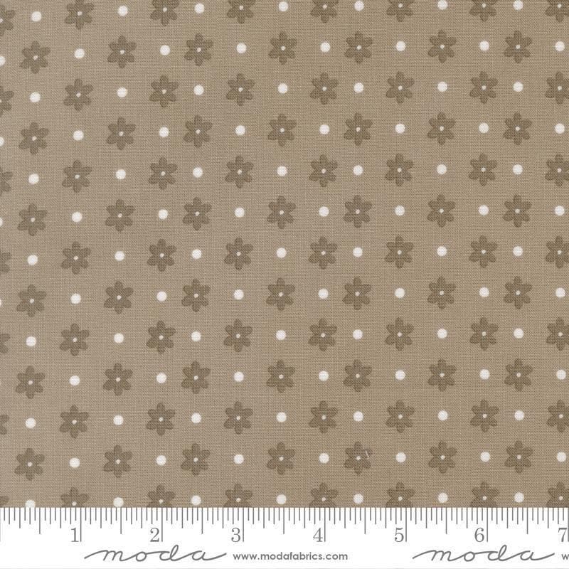 Image of Poinsettia and Pear Daisy Dot Stone quilting cotton fabric by Sherri & Chelsi for Moda Fabrics. Features flowers on a gray background. Cute Little Fabric Shop.